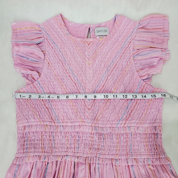 Saylor Zinnia Stripe Mini Dress Size M Smocked Pink Metallic Swiftie Dress - Picture 8 of 12